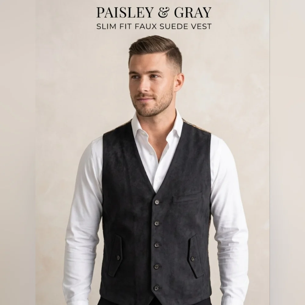 Paisley & Gray Slim Fit Faux Suede Vest | Gold Bird Floral Back Size L